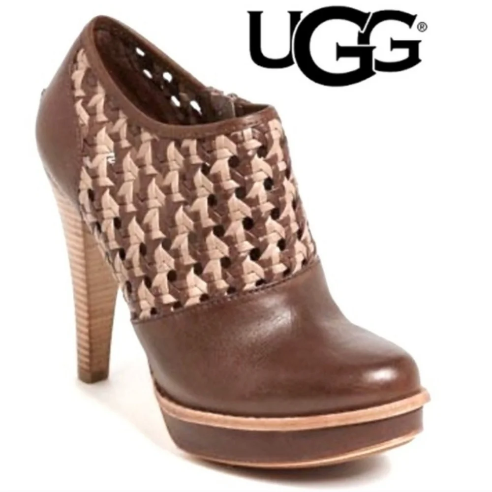 UGG Fatima Brown Woven Leather Heeled Booties Size 7.5 - Picture 1 of 14